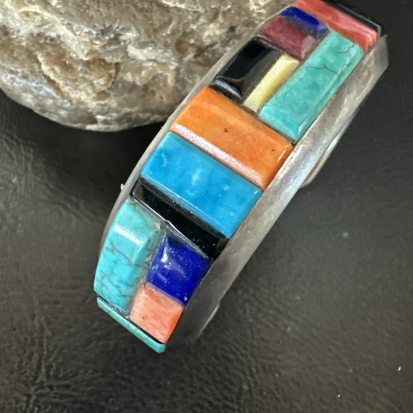 Mens Navajo Black Onyx Coral Turquoise Sterling Silver Cuff Bracelet Inlay 19501