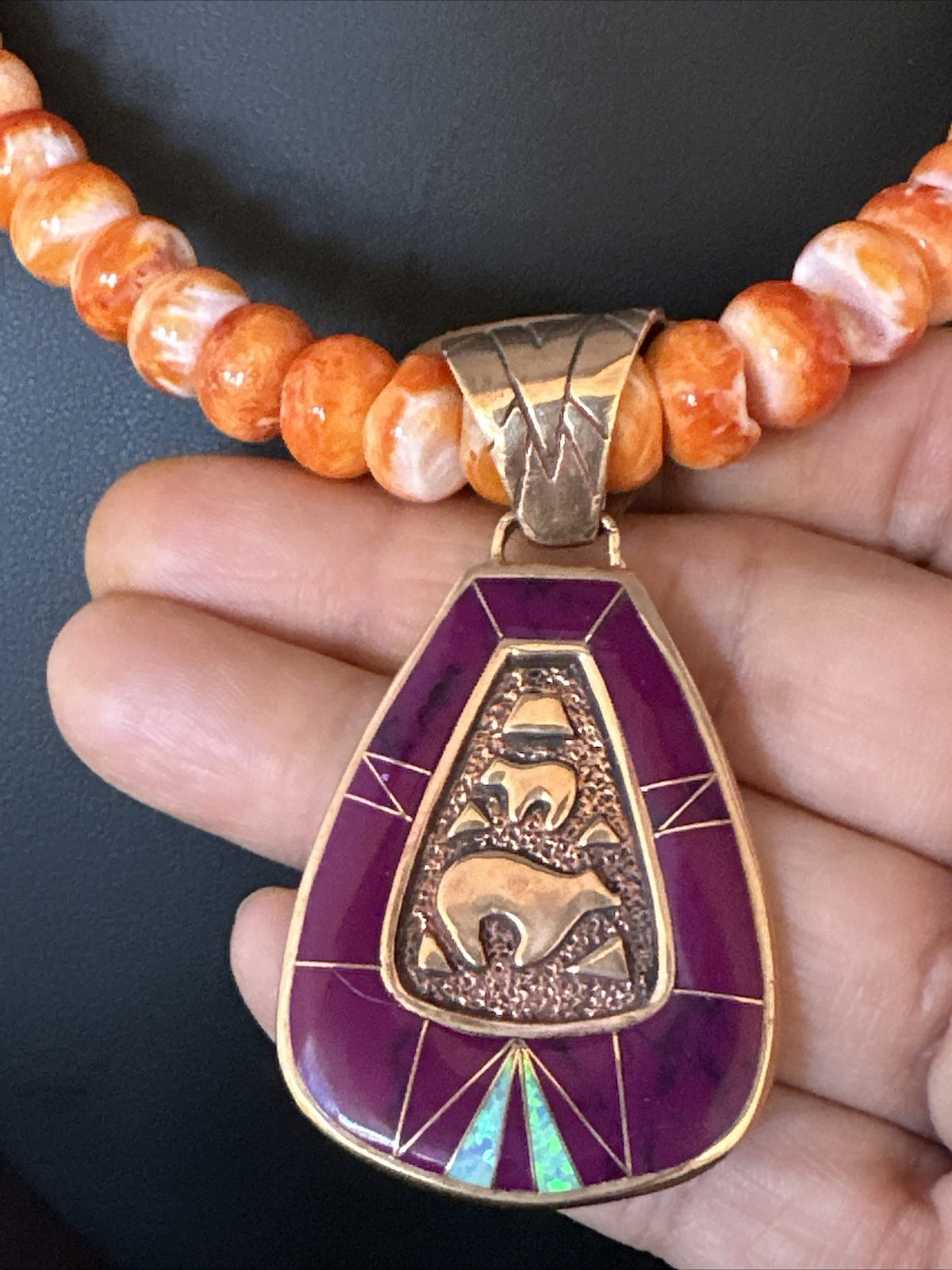 Turquoise Purple Ston Spiny Bronze Pendant Navajo Sterling Silver Necklace 14990