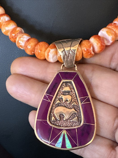 Turquoise Purple Ston Spiny Bronze Pendant Navajo Sterling Silver Necklace 14990