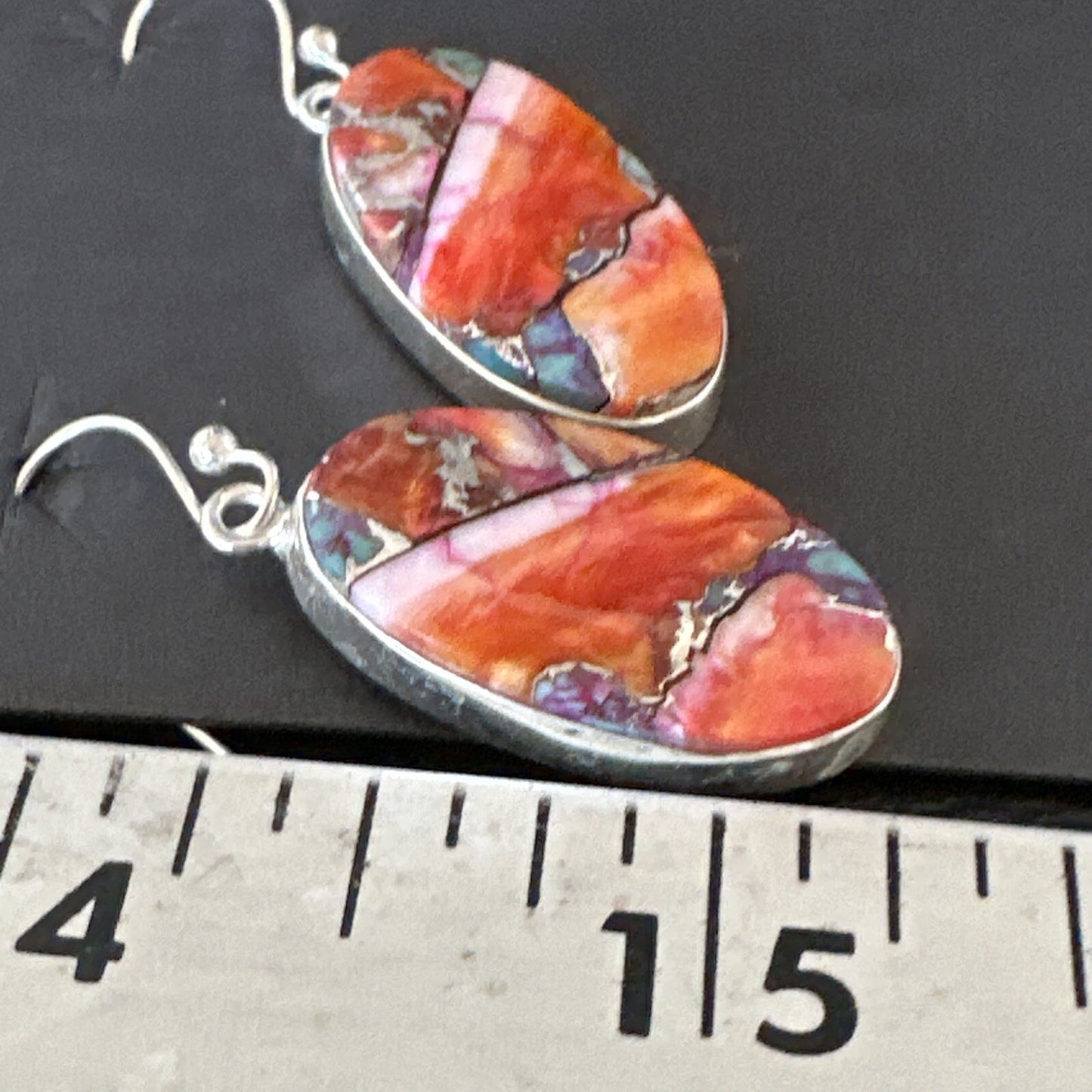 Blue Turquoise Red Spiny Oyster Inlay Sterling Silver Dangle Earrings 15558