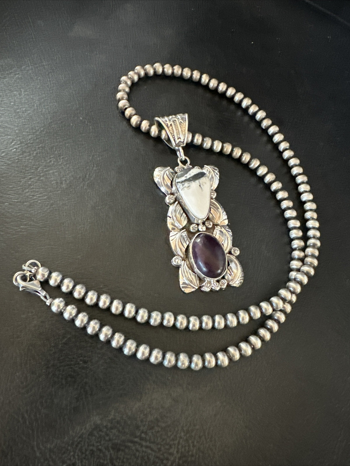 White Buffalo Turquoise  Purple Stone Pendant Navajo Sterling Silver 18036