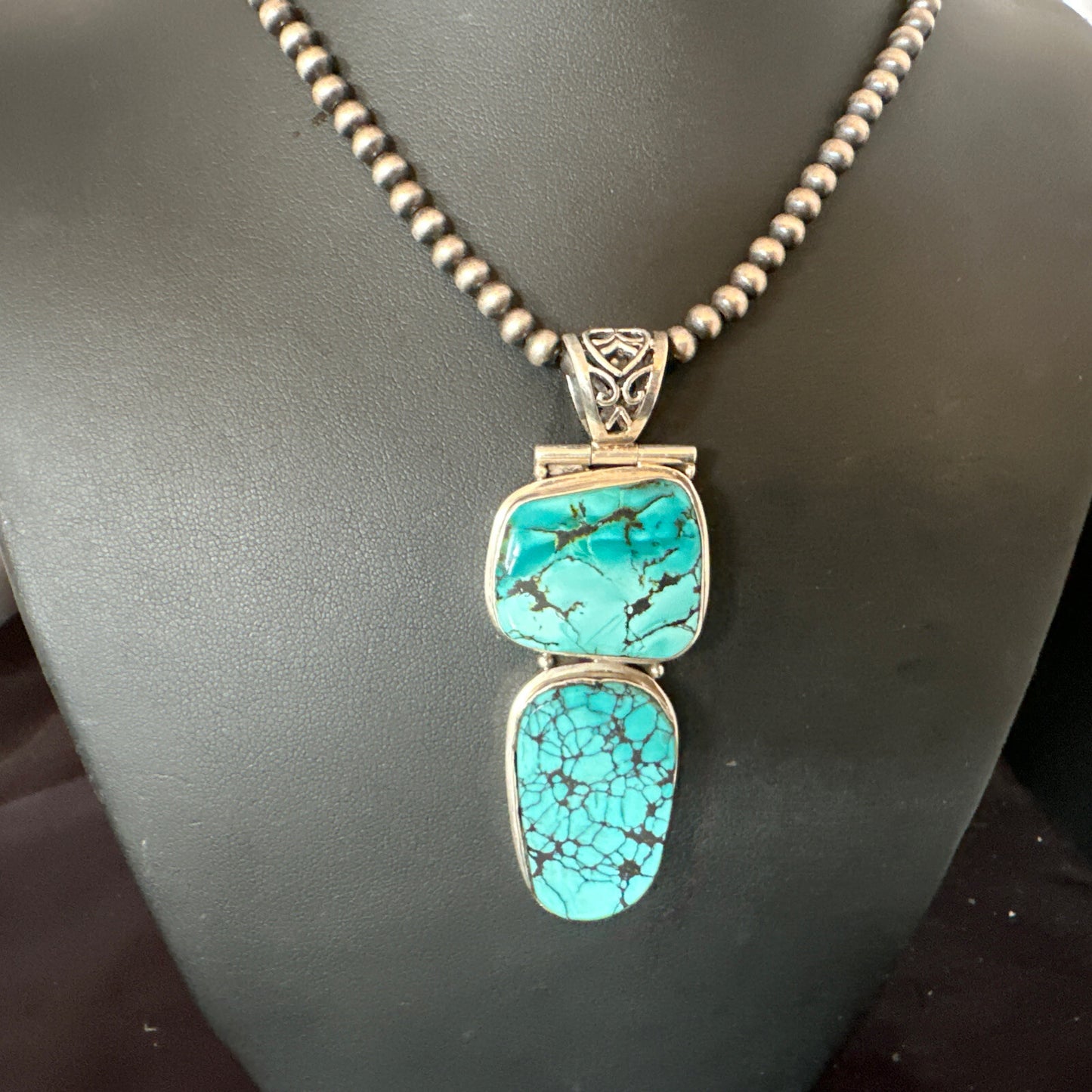 Blue Spiderweb Turquoise Pendant Navajo Pearls Sterling Silver Necklace 16008