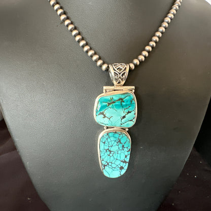 Blue Spiderweb Turquoise Pendant Navajo Pearls Sterling Silver Necklace 16008