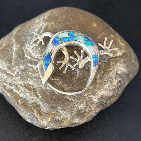 Navajo White Blue Opal Lizard Pin Pendant Inlay Gecko | Sterling Silver | Authentic Native American Handmade | 14336