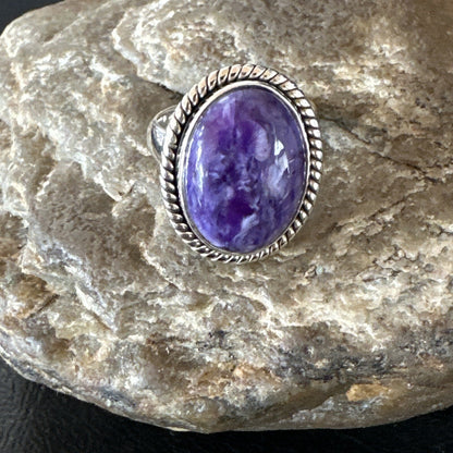 Womens Purple Charoite Navajo Sterling Silver Oval Ring Adjustable Size 9 17245