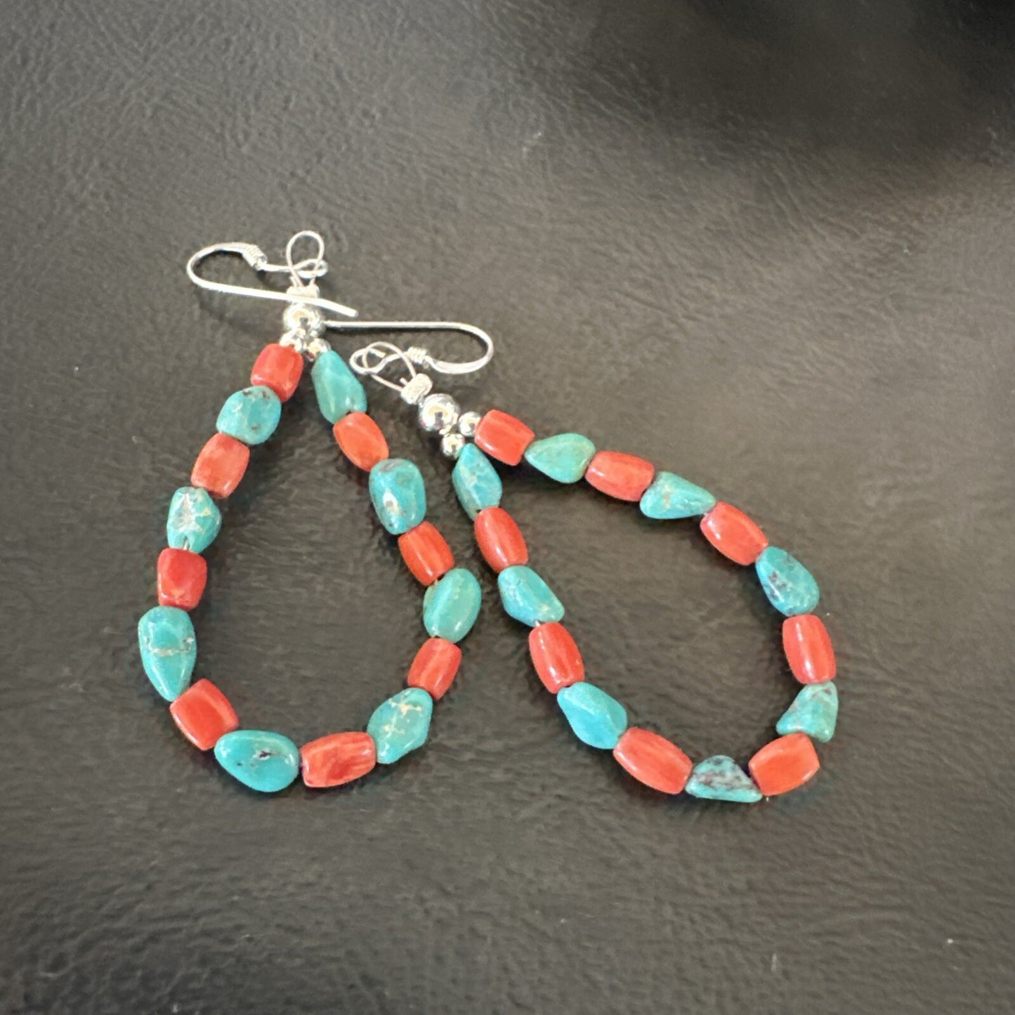 Blue Turquoise Coral Navajo Sterling Silver Earrings 2” 18834