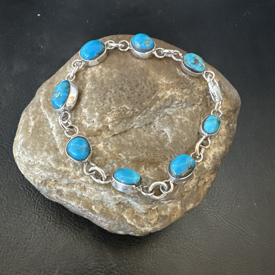 Blue Kingman Turquoise Navajo Sterling Silver Link Bracelet 8” 18301