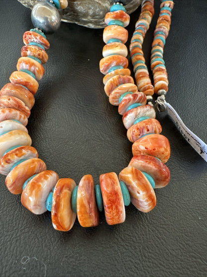 30" Spiny Oyster Turquoise Graduated Navajo Pearl Sterling Silver Necklace 19419