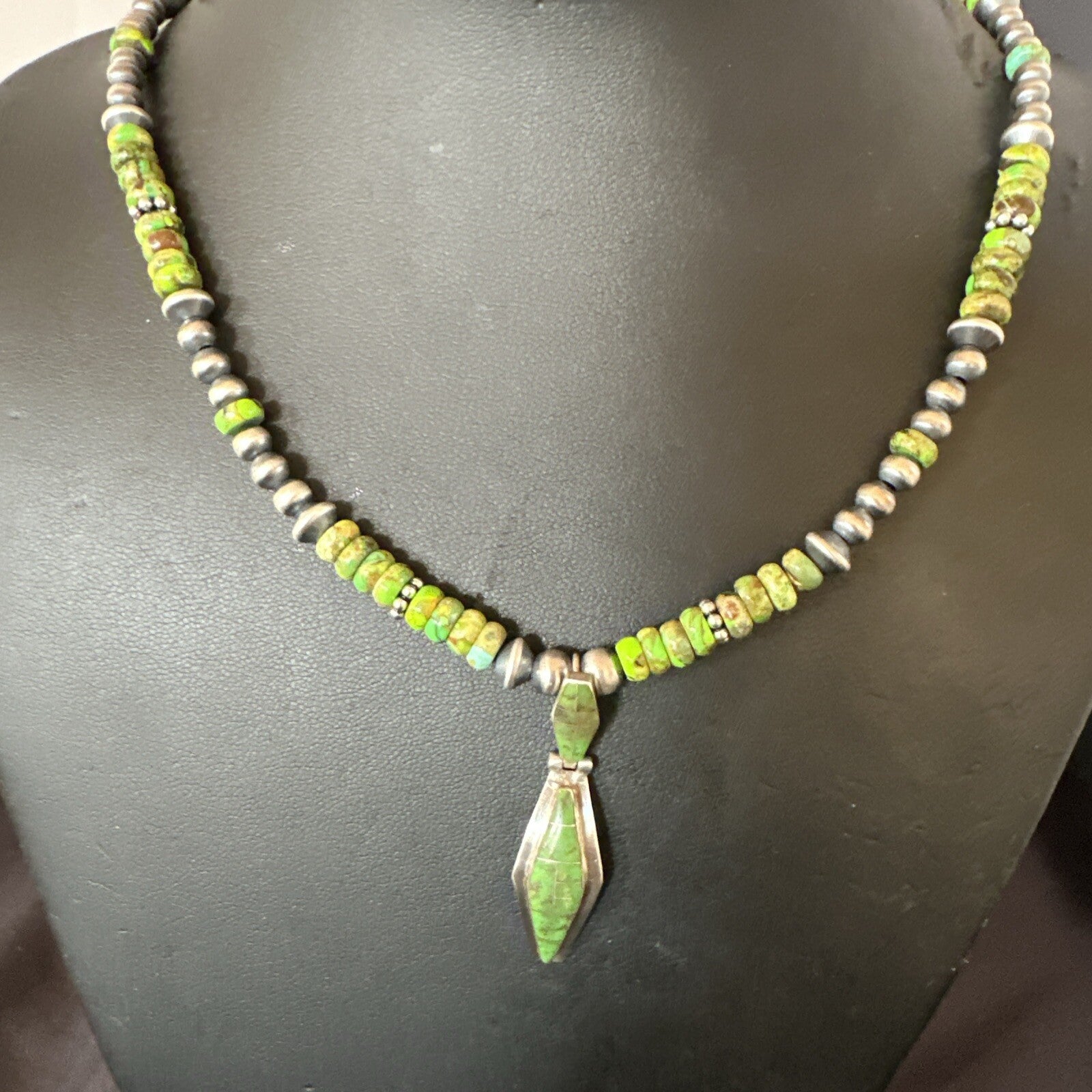 Womens Green Gaspeite Turquoise Pendant Navajo Sterling Silver Necklace 17881