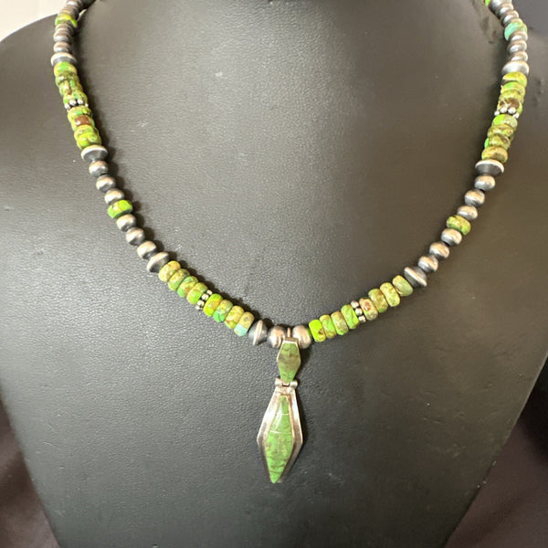 Women's Green Gaspeite Turquoise Pendant Navajo Necklace | Sterling Silver | Authentic Native American Handmade | 17881