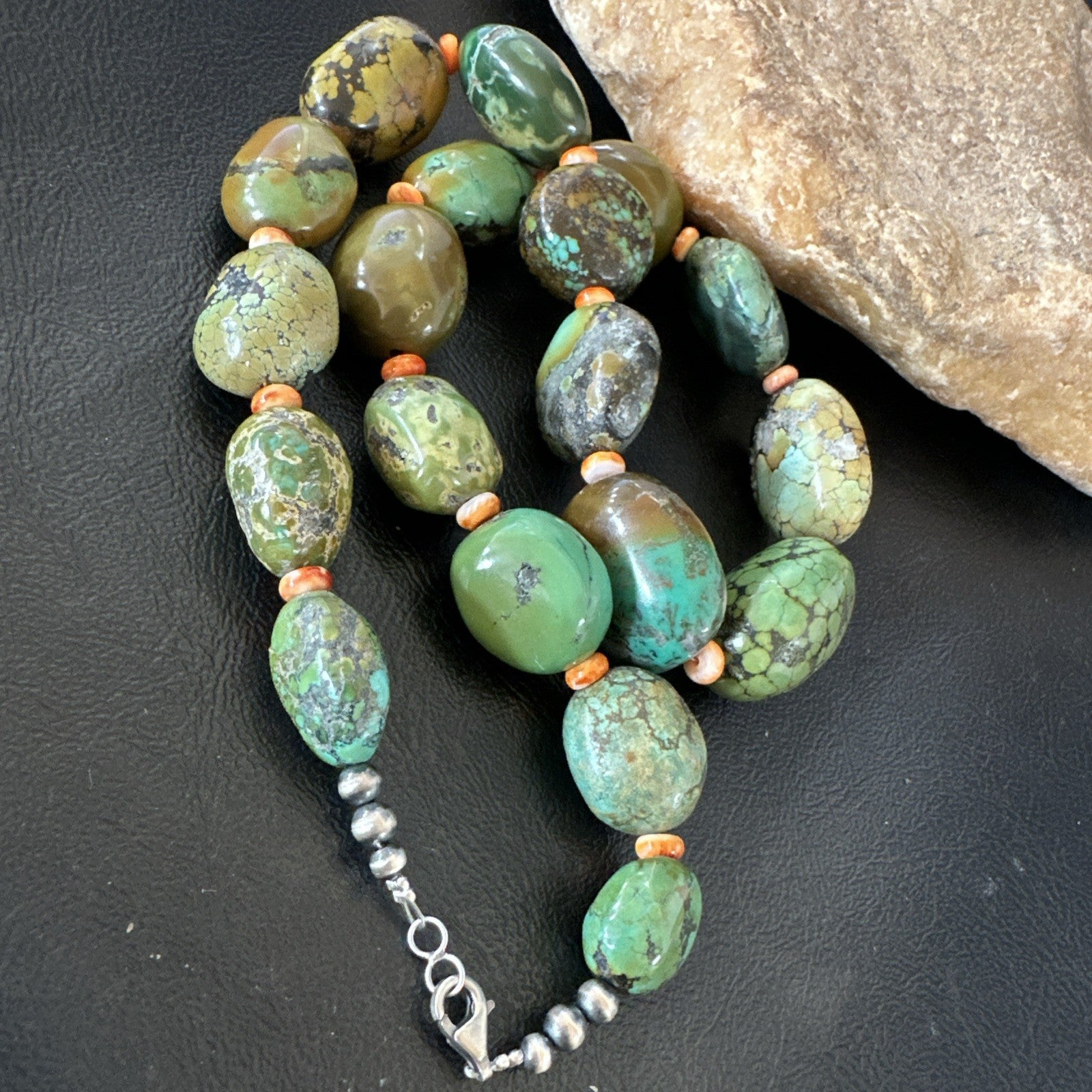 Blue Green Turquoise Spiny Chunky Navajo Sterling Silver Necklace 21” 19255