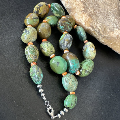 Blue Green Turquoise Spiny Chunky Navajo Sterling Silver Necklace 21” 19255