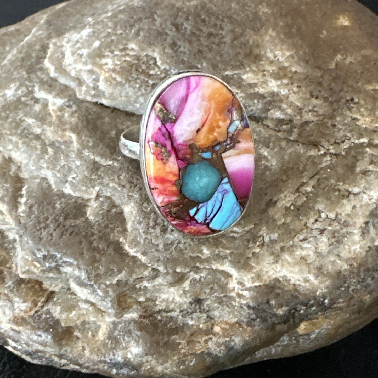 Blue Turquoise Spiny Oyster Southwestern Sterling Silver Ring Size 7 18495