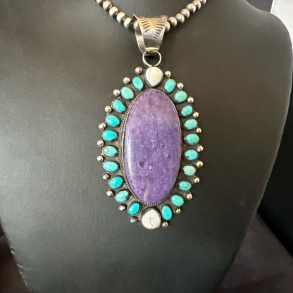 Purple Charoite Turquoise Navajo Sterling Silver Cluster Pendant 3.75" 18651