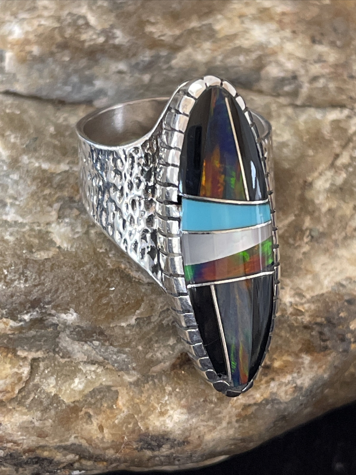 Navajo Multi-Color Opal & Turquoise Inlay Sterling Silver Ring Size 7 01584