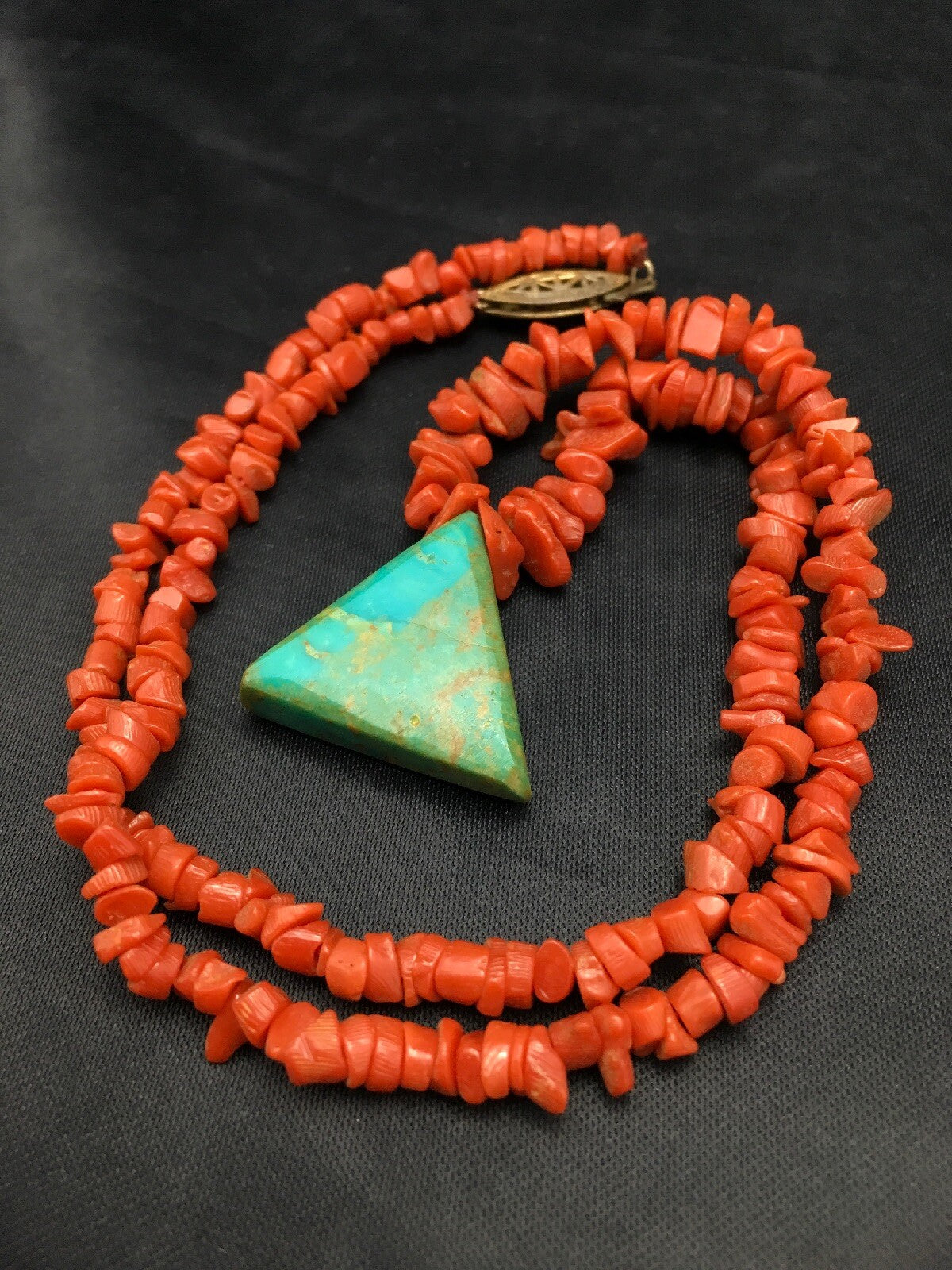 Kingman Turquoise Pendant Coral Sterling Silver Old Pawn Necklace 19" 4008