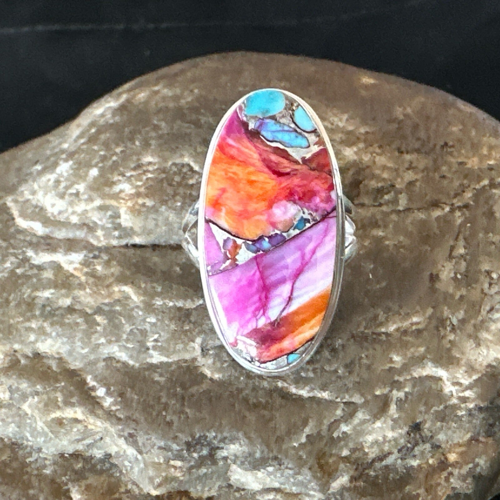Blue Turquoise Spiny Oyster Southwestern Sterling Silver Ring Size 7 18494