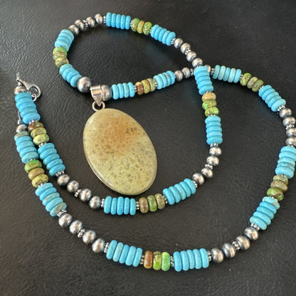 Green Gaspeite Pendant Blue Turquoise Navajo Sterling Silver Necklace 20" 19667