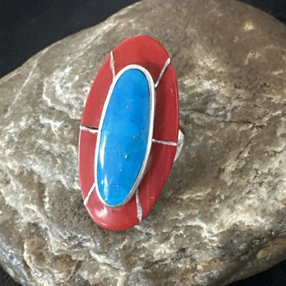 Blue Turquoise Coral Navajo Sterling Silver Ring Size 7.5 18767