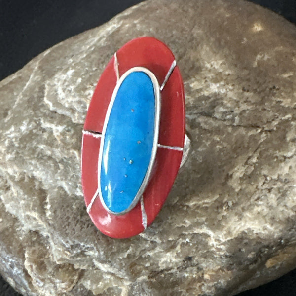 Blue Turquoise Coral Navajo Ring Size 7.5 | Sterling Silver | Authentic Native American Handmade | 18767