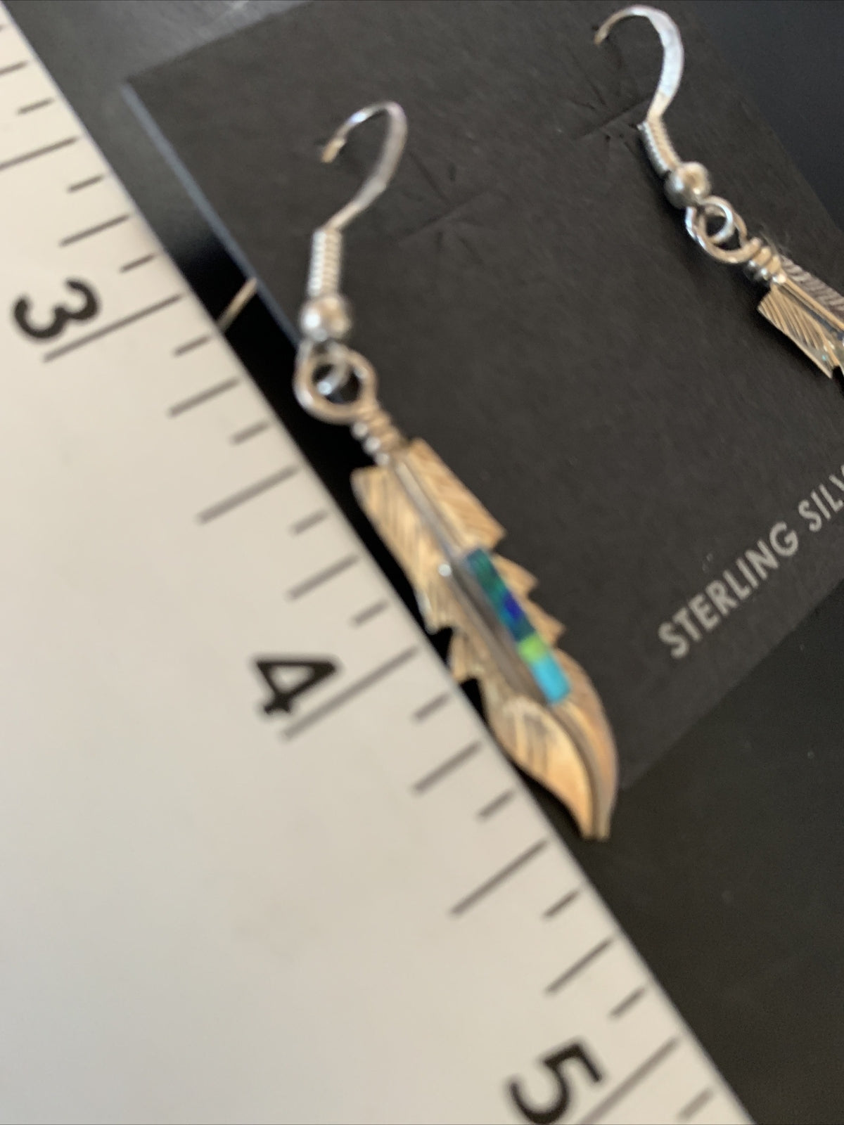 Blue Turquoise Sterling Silver Navajo Handmade Inlay Feather Earrings 13086