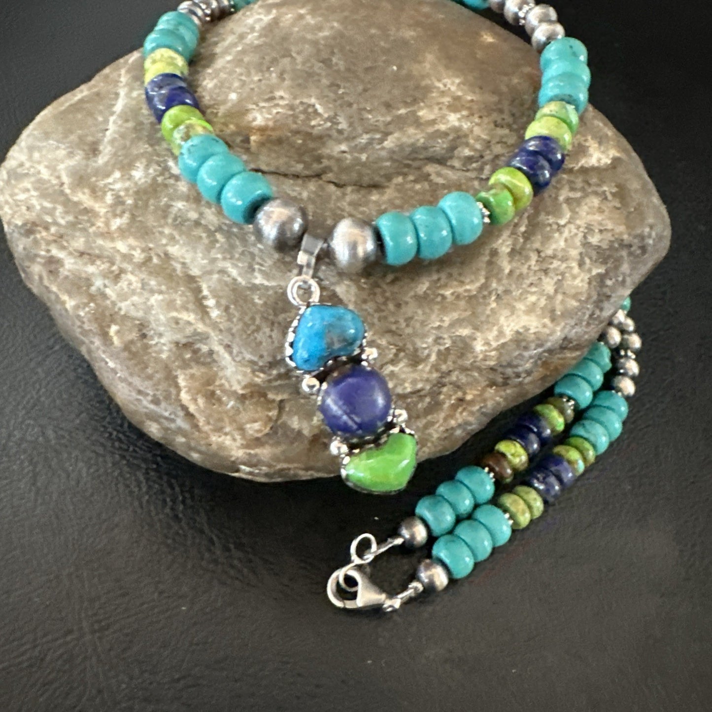Blue Lapis Green Turquoise Cluster Pendant Navajo Sterling Silver Necklace 19659