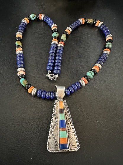 Multicolor Inlay Lapis Pendant Navajo Sterling Silver Necklace 22” 19467