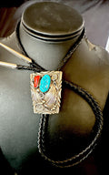 Men's Blue Kingman Turquoise Coral Bolo Tie Navajo | Sterling Silver | Authentic Native American Handmade | 18168