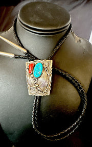 Men's Blue Kingman Turquoise Coral Bolo Tie Navajo | Sterling Silver | Authentic Native American Handmade | 18168