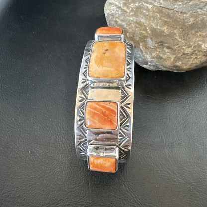 Orange Spiny Oyster 5 Stone Row Sterling Silver Navajo Cuff Bracelet 7.7" 19478