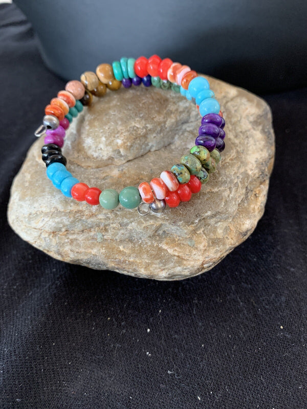 Turquoise Coral Tigers Eye Onyx Navajo Stainless Memory Wire Bracelet | Authentic Native American Handmade | 00515