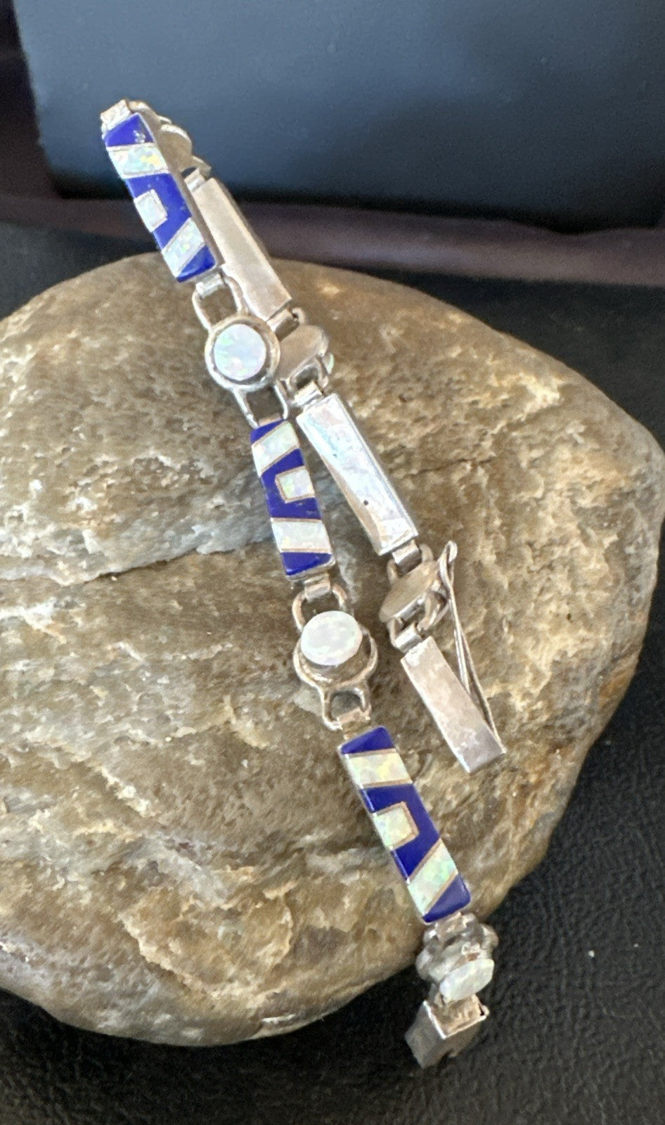 A Womens Blue Lapis Opal Sterling Silver Link Bracelet 7" 19794