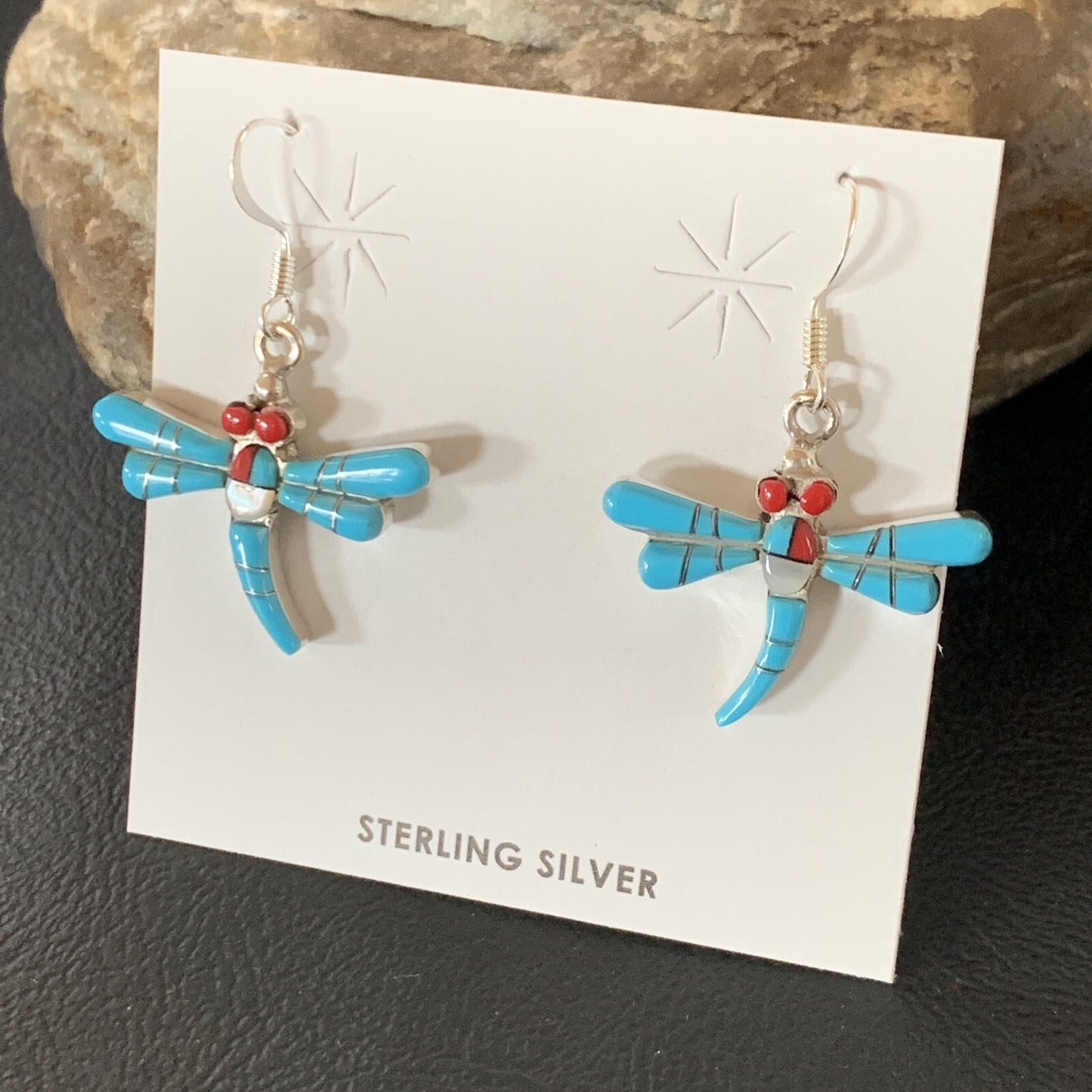 Dragonfly Blue Turquoise Coral MOP Inlay Sterling Silver Earrings 1" 13318