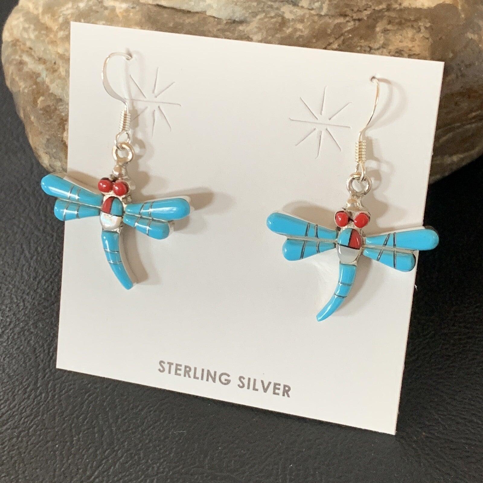 Dragonfly Blue Turquoise Coral MOP Inlay Sterling Silver Earrings 1" 13318