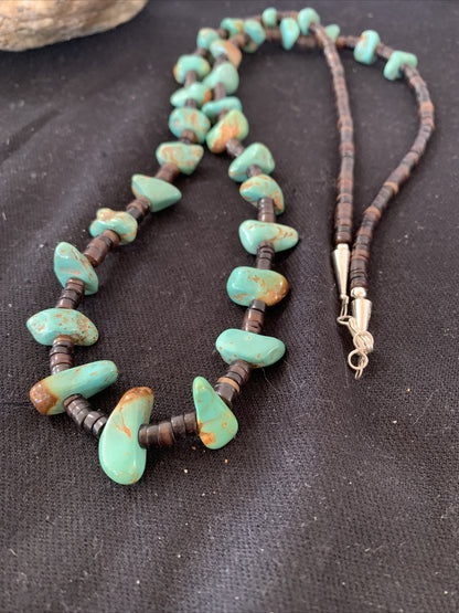 Native Navajo 30" Turquoise Shell Heishi Sterling Silver Bead Necklace 00764