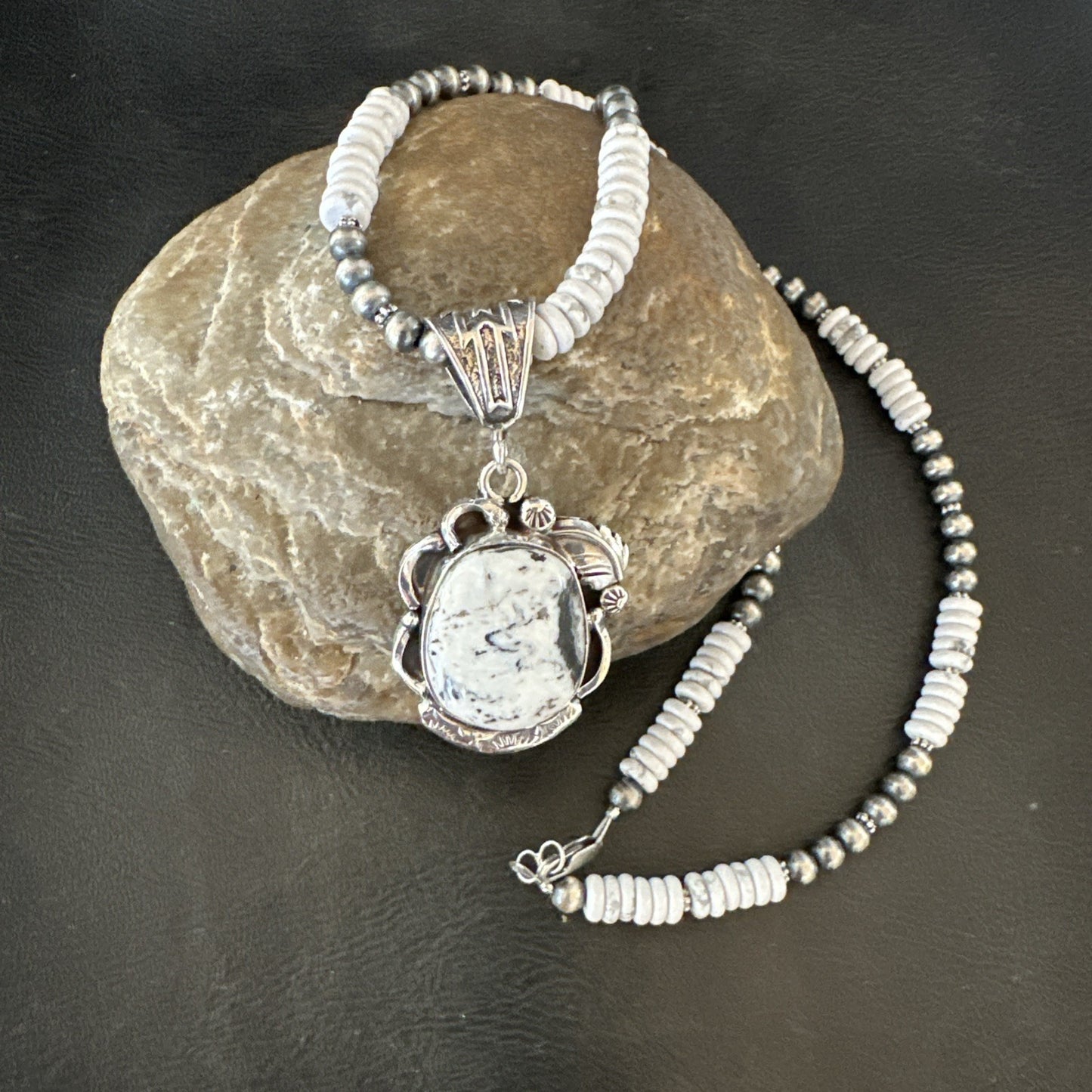 White Buffalo Turquoise Pendant Navajo Pearls Sterling Silver Necklace 20” 19496