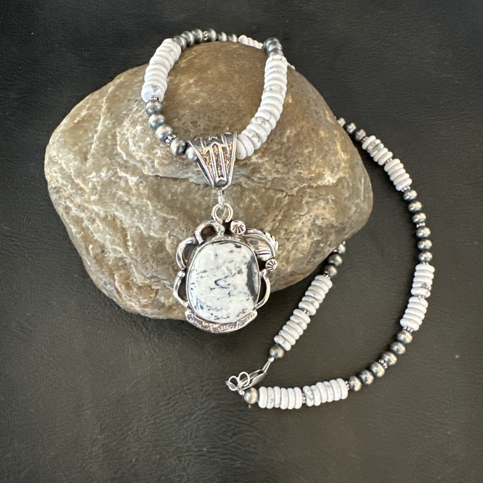White Buffalo Turquoise Pendant Navajo Pearls Sterling Silver Necklace 20” 19496