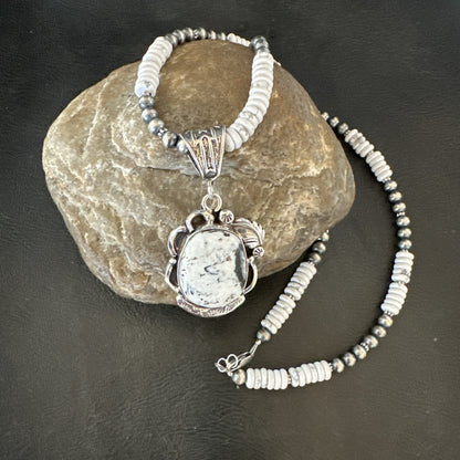 White Buffalo Turquoise Pendant Navajo Pearls Sterling Silver Necklace 20” 19496