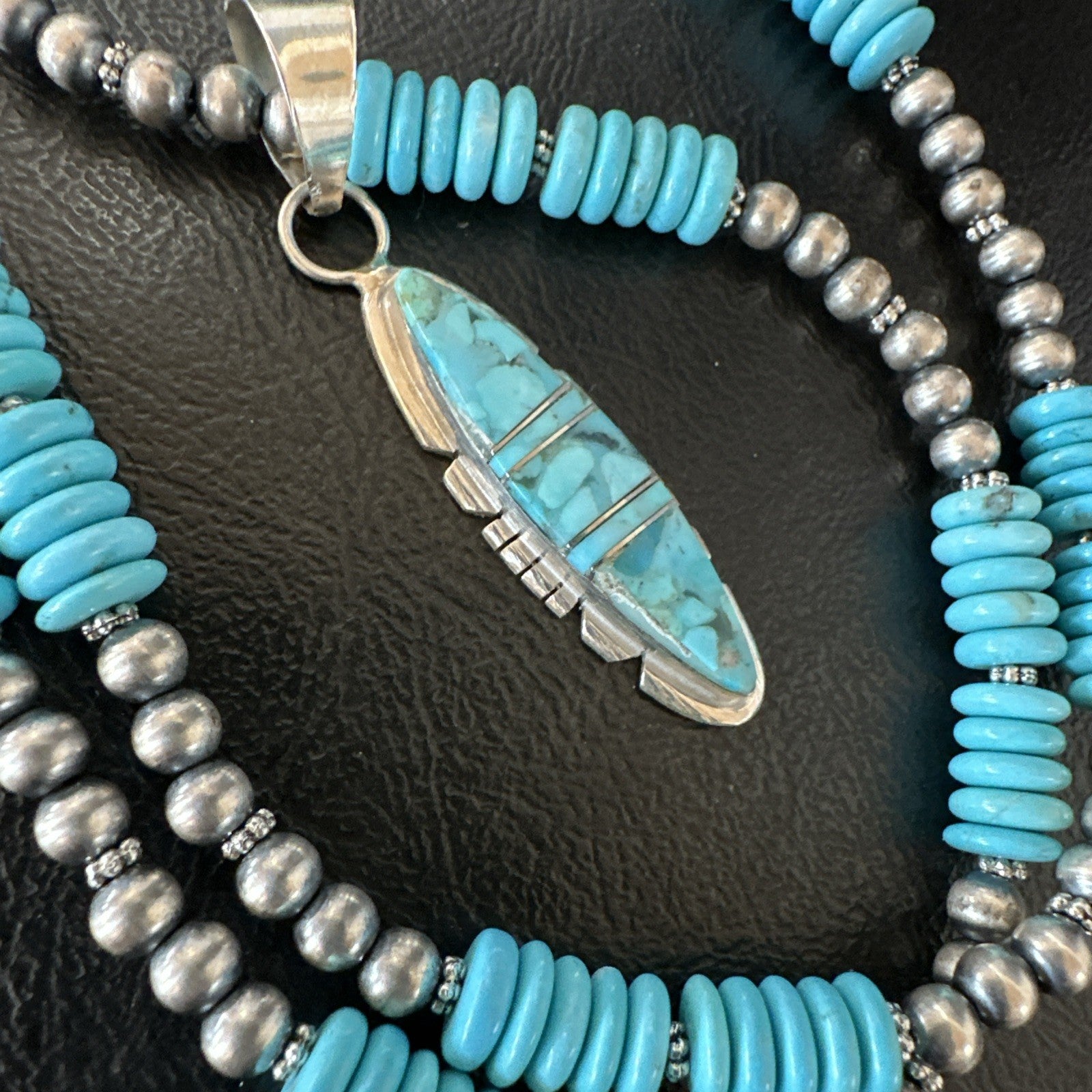 Blue Turquoise Inlay Pendant Navajo Sterling Native American Necklace 20" 19510