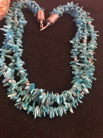 Turquoise Nugget Bead 3 Strand Stabilized Navajo Sterling Necklace 08100