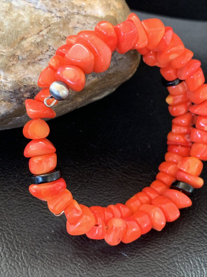 Memory wire Stainless Steel Coral Onyx Bead Bracelet Sterling Silver 01955