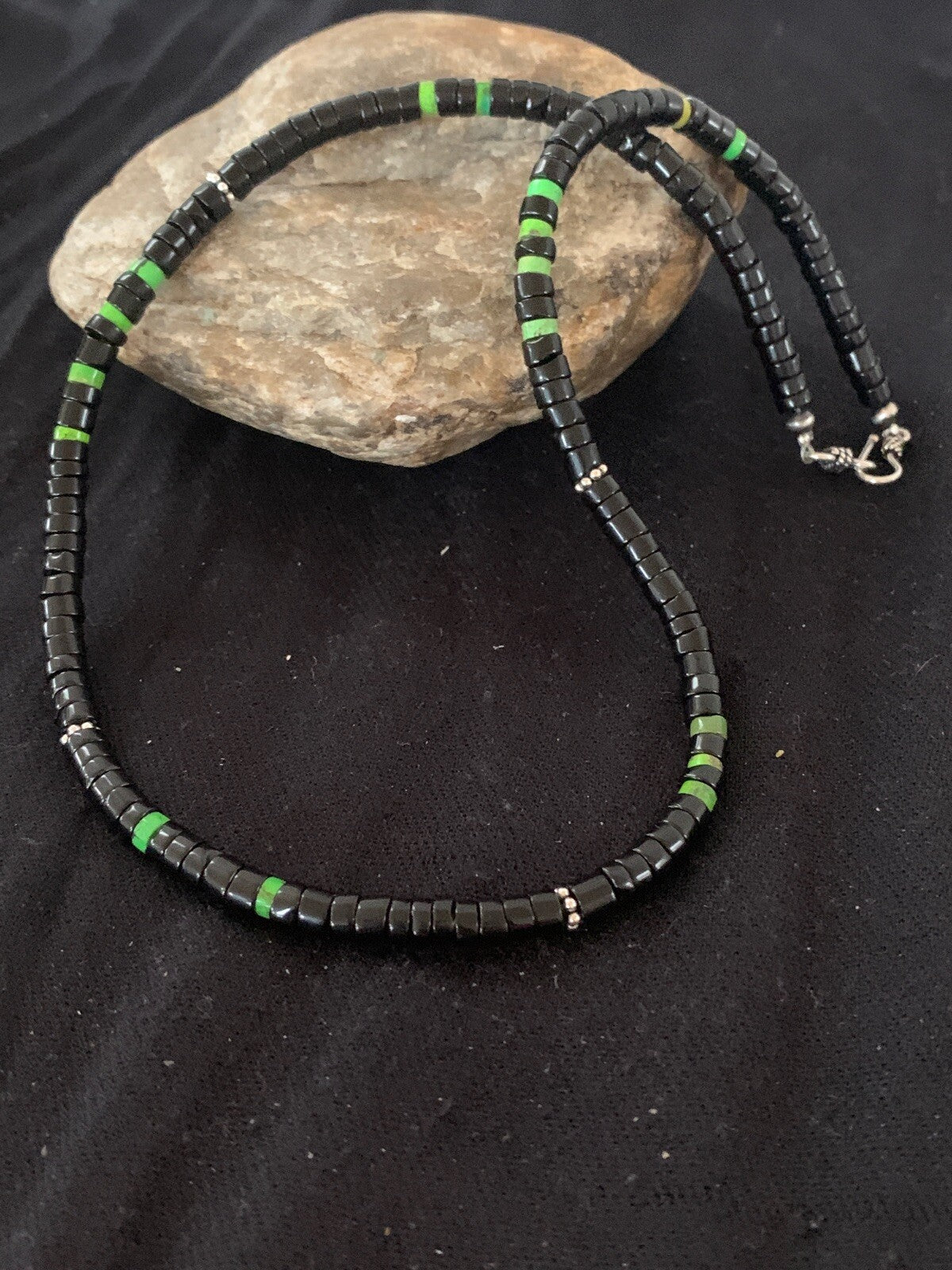 Native Green Turquoise & Onyx Heishi Navajo Sterling Silver Necklace 4687