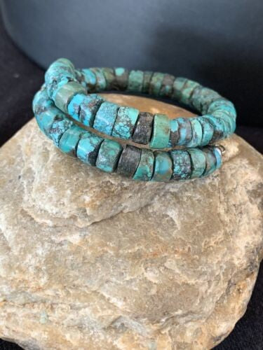 Navajo Natural Turquoise Heishi Bracelet Stainless Steel Memory Wire 513