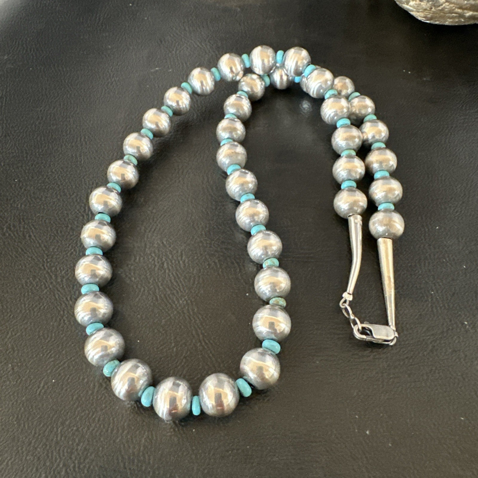 Blue Turquoise 10mm Round Sterling Silver Beads Necklace 20” 92407