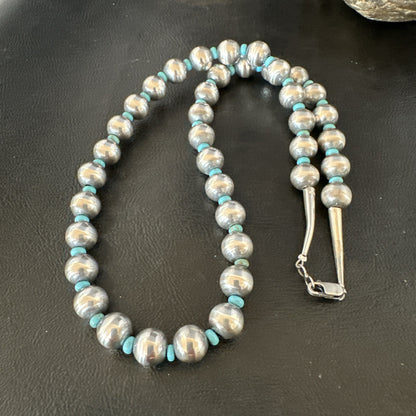 Blue Turquoise 10mm Round Sterling Silver Beads Necklace 20” 92407