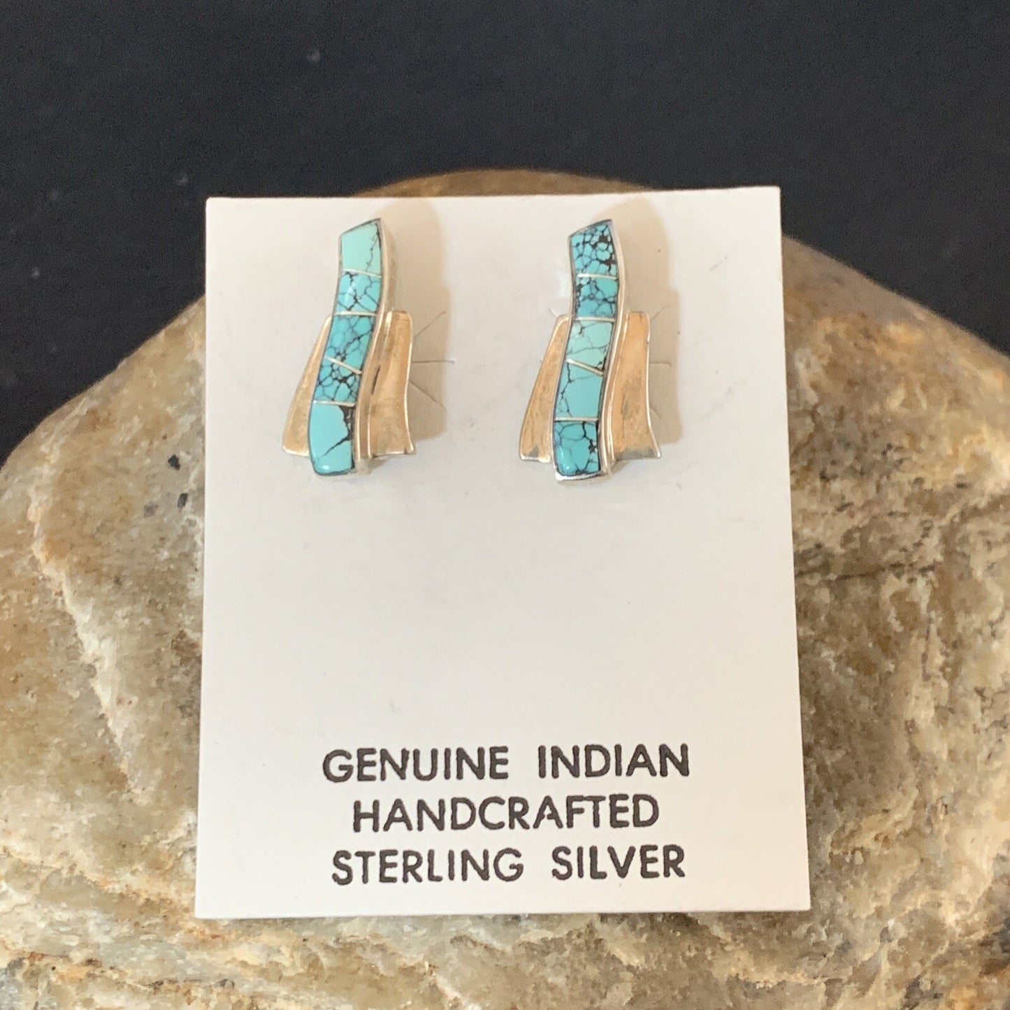 Womens Blue Spider Web Turquoise Navajo Sterling Silver Inlay Earrings 12899