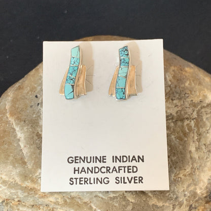 Womens Blue Spider Web Turquoise Navajo Sterling Silver Inlay Earrings 12899