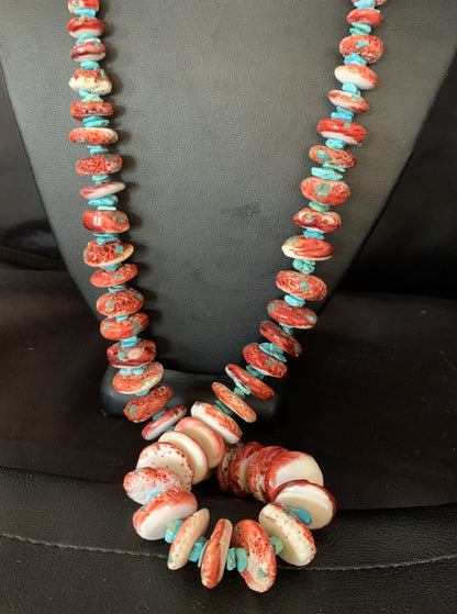 Womens Blue Turquoise & Red Spiny Oyster Navajo Sterling Silver Necklace 00114