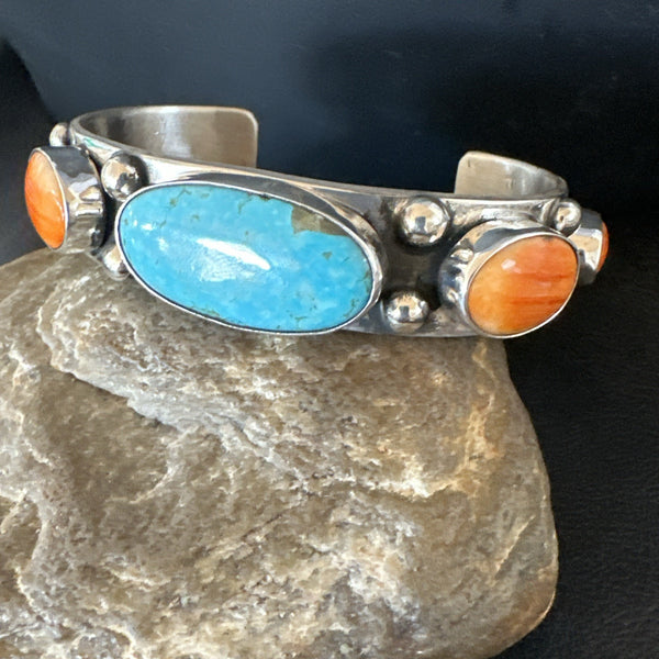 Orange Spiny Turquoise 5 Stone Navajo Cuff Bracelet 7.7" | Sterling Silver | Authentic Native American Handmade | 19479