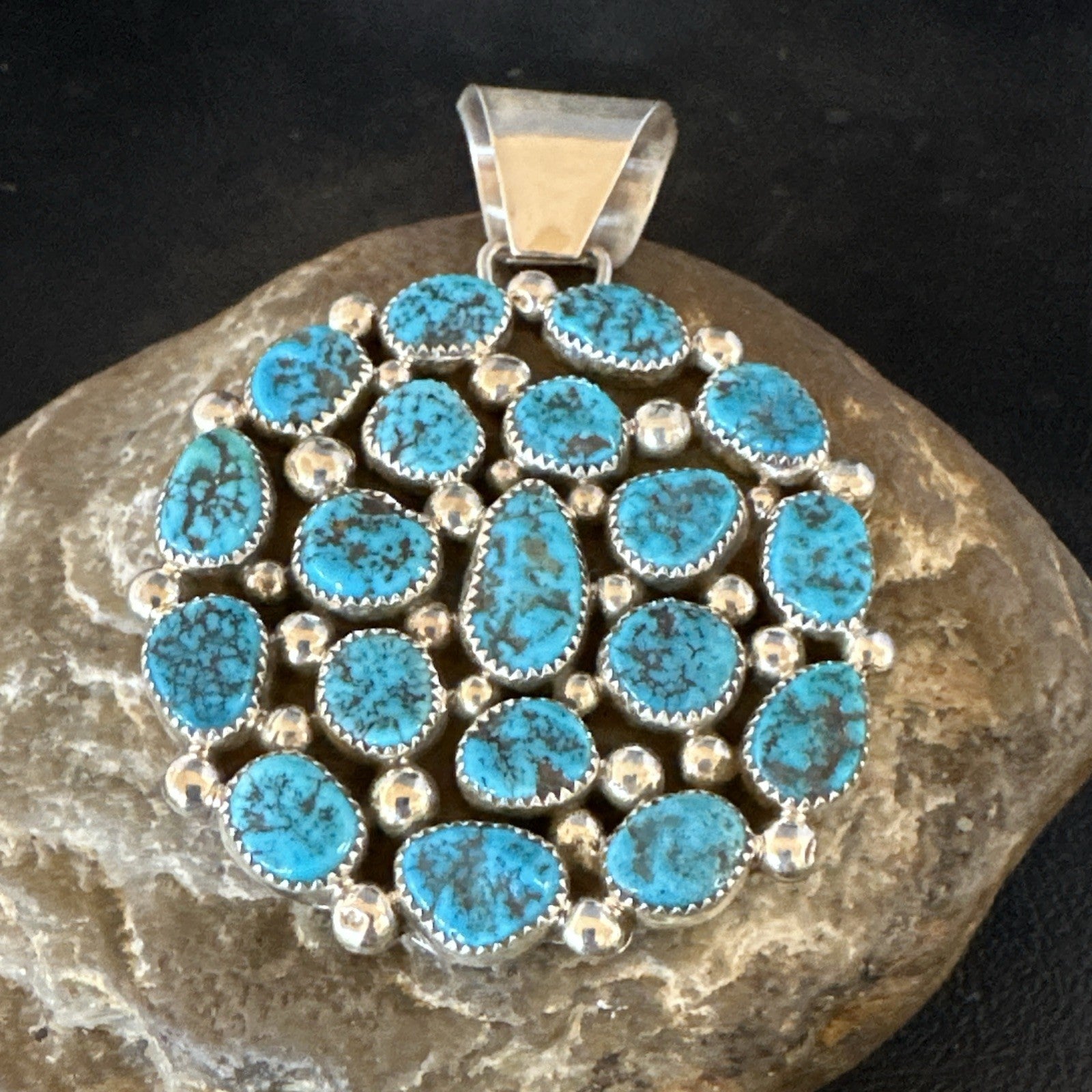 Cluster Kingman Turquoise Navajo Sterling Silver Necklace Pendant 2.75” 19082